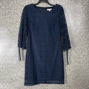 Dressbarn Women's Navy Blue Cottagecore Romantic Lace Dress - Size 8 - Ribbon